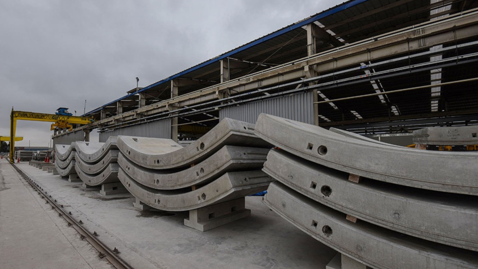 Precast concrete segments inside an industrial manufacturing facility