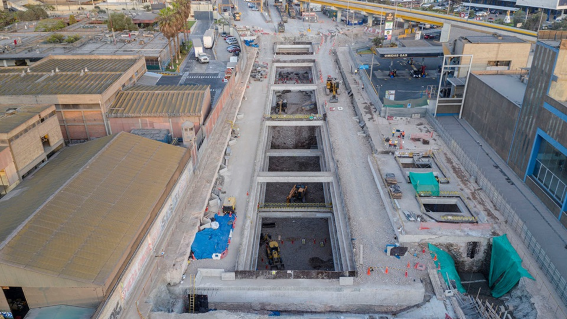 Aerial view of an urban underground infrastructure construction site